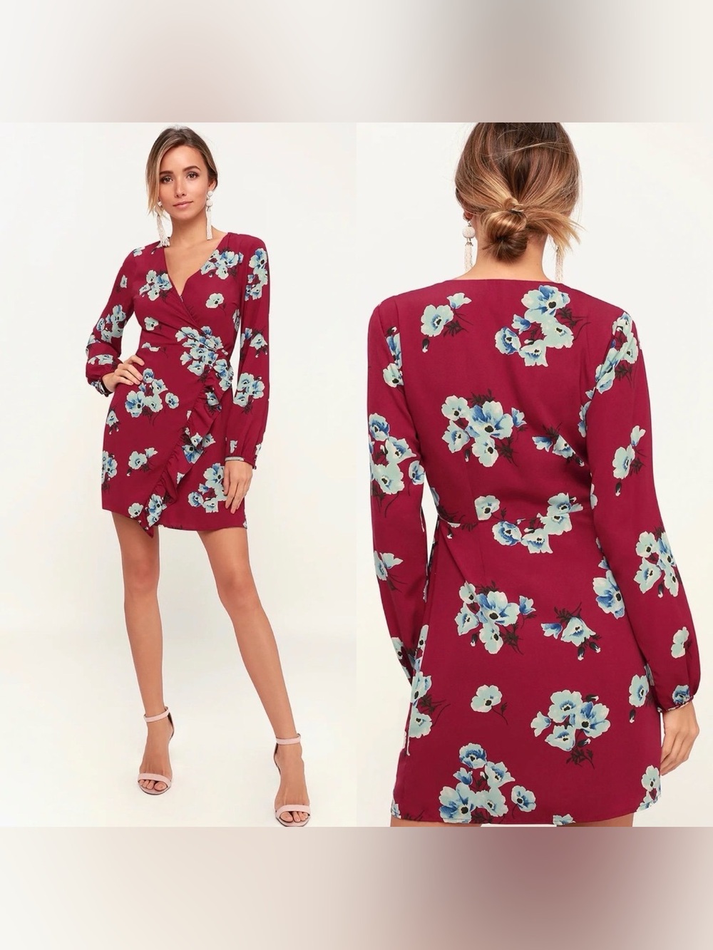 Lulu's Burgundy Floral Wrap Mini Dress size S